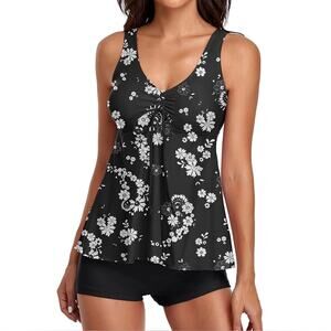 JadeRich NEW Women's 2 Piece Swimsuit Tankini Shorts Black White Floral Size XL